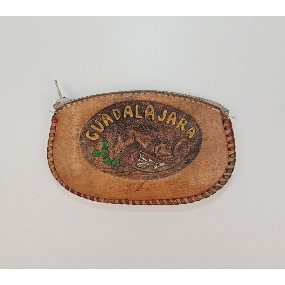 VINTAGE Guadalahara Hand Tooled Embossed Souvenir Leather Wallet Coin zipper